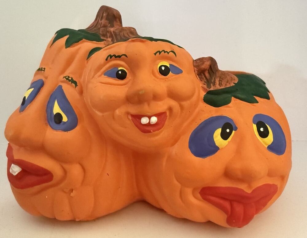Vintage ceramic anthropomorphic Holland Mold pumpkin trio planter 6”Halloween